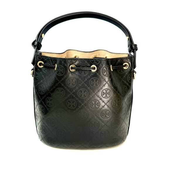 Tory Burch T Monogram Leather Bucket Bag Purse Black NEW - Picture 1 of 9
